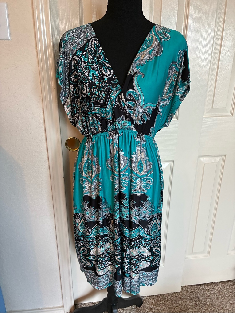Vintage Turquoise Paisley Wrap-Front Midi Dress